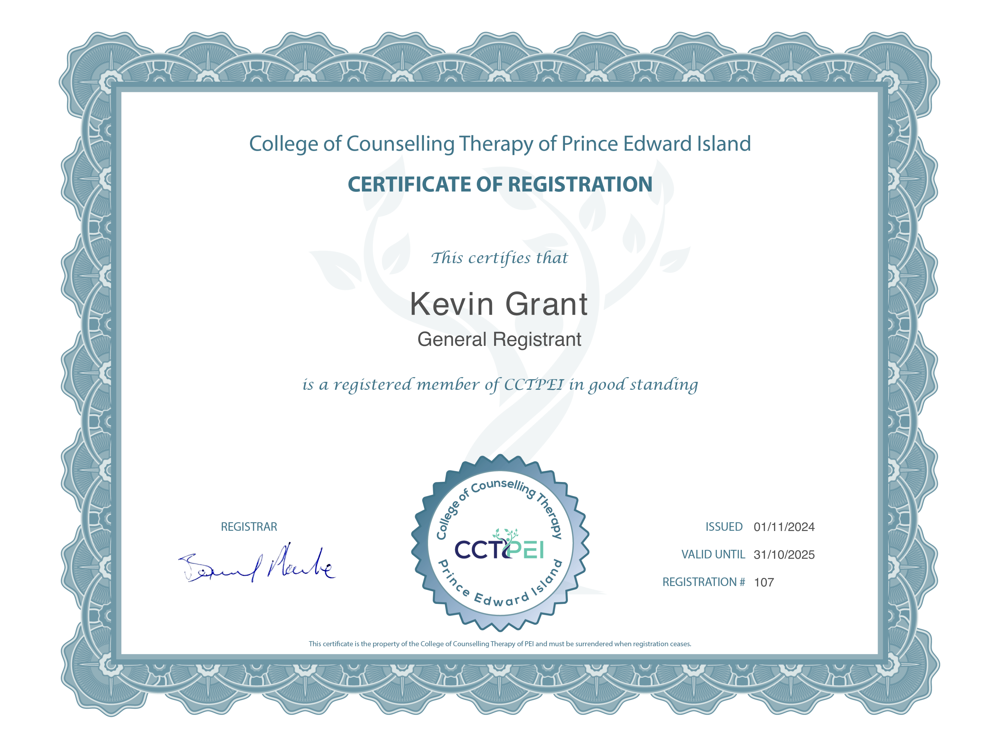 College of Counselling Therapy of Prince Edward Island - Certificate of Registration