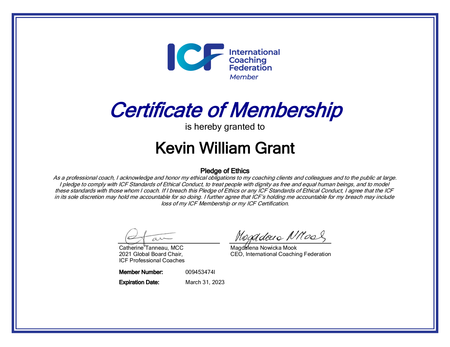 Professional Member- International Coaching Federation- ID: 009453474I